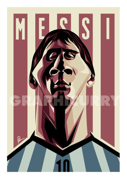 Framed Caricature Art Poster of Messi by Prasad Bhat. Argentine Footballer looking forward with his determined eyes and his football jersey against the backdrop of rugged lines and his name etched on them.