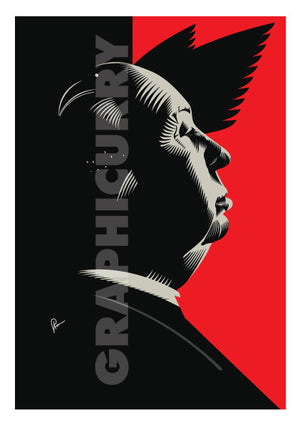 Hitchcock Poster. This portrait is a artistic tribute by Prasad Bhat to his famous classic, Birds. If you look closely, you will see how! Image shows Hitchcock looking sideways with light falling on his face. Bird feathers are visible in the predominantly red and black background.
