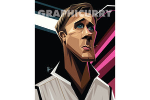 Full Portrait of Ryan Gosling's angular view caricature drawn with sharp lines and angular gradient elements . Artwork by Prasad Bhat
