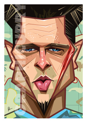 Caricature Art of Brad Pitt by artist Prasad Bhat with him staring to the front with his deep eyes. He has scar on his face that is bleeding. With subtle elements on the background and a blue tee, this piece is mesmerizing.