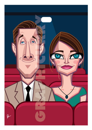 La La Land Poster by Prasad Bhat. Vector Caricature Illustration of the Oscar winning cinema composition of LA LA Land. The image shows both the lead actors seated in a theatre in a warm moment.