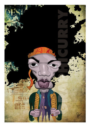 Jimi Hendrix Caricature by Prasad Bhat in a Poster format. The artist stylized this artwork with vibrant composition and an abstract layout. 