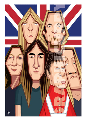 Caricature Art Poster of Iron Maiden Band. Fan art by Prasad Bhat shows all the six band members in a snug composition in front of the back drop of a British Flag. 