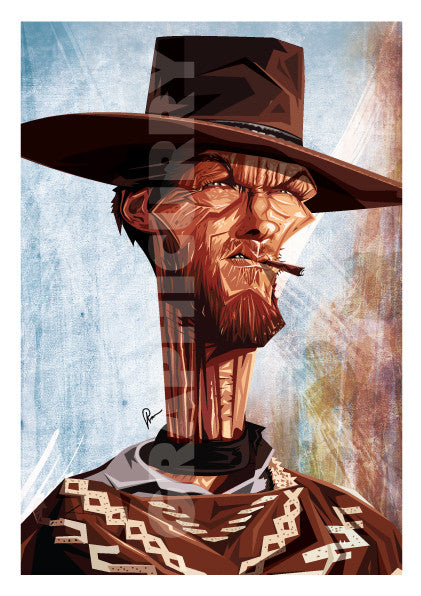 Clint Eastwood Poster by Prasad Bhat. Image shows him in his iconic Cowboy attire looking far ahead with sharp eyes and a cigarette clenched between his teeth.