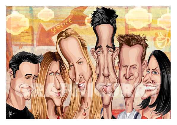 Friends Framed Poster. Caricature Art by Prasad Bhat showing the six friends looking candid in this colorful poster looking straight ahead.