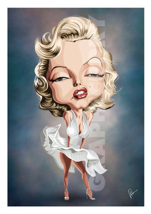 Art Poster of Legendary pose by Marilyn Monroe with her flying skirt. Caricature art by Prasad Bhat.