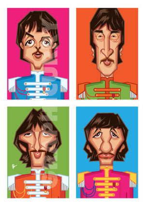Beatles Tribute Poster by artist Prasad Bhat. This style shows the four band members in colorful blocks vertically placed aesthetically.