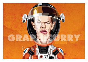 Matt Damon in his Caricature Art Form by Prasad Bhat. Image shows art poster of Martian avatar by Matt looking straight forward with his sleek eyes . He is wearing the astronaut's suit and helmet against a predominantly orange background.