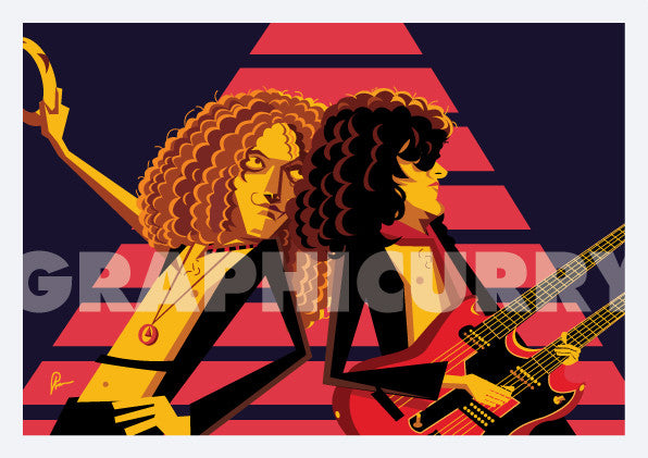 Led zeppelin artwork with the band members playing "Stairway to Heaven". Pop art by Prasad Bhat. Image shows the members in a trance playing the legendary gig.