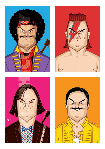 Framed Jack Black Poster by Prasad Bhat. Image shows four avatars of the actor in vibrant blocks. It has him dressed as Jimi Hendrix, Freddie mercury, David Bowie and himself!