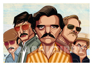 Caricature Art Poster of Narcos Television Series. Vector Art by Prasad Bhat showing the lead cast of the show in their caricature form.