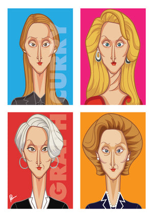 Meryl Streep Framed Poster. Caricature art by Prasad Bhat. Image shows the artwork with a vibrant colored composition. It shows Meryl in her four avatars from different movies.
