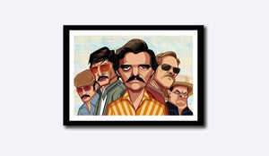 Framed Caricature Art Poster of Narcos Television Series. Vector Art by Prasad Bhat showing the entire cast of the show in their caricature form.