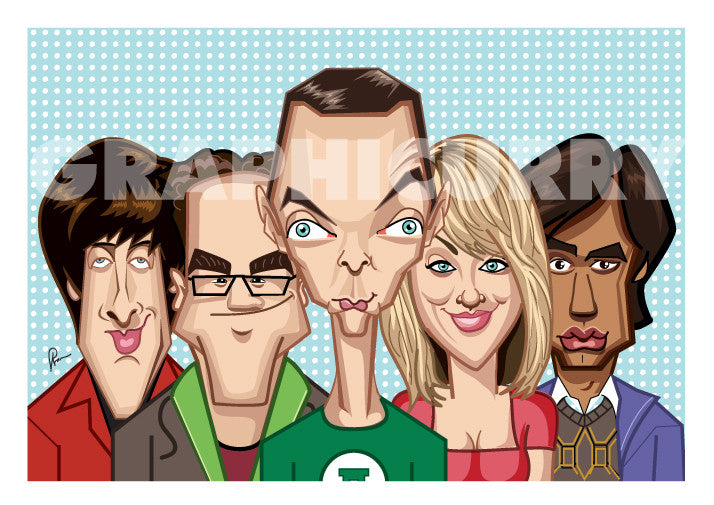Framed visual of Big Bang Theory Tribute art by Prasad Bhat. Caricature Vector illustrative style showing all the five lead of the show.