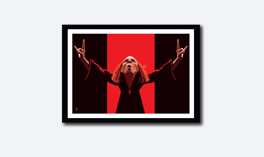 Ronnie Jamse Dio Framed Poster. Artwork by Prasad Bhat. Image shows the art composition which is predominantly in red and black colors.