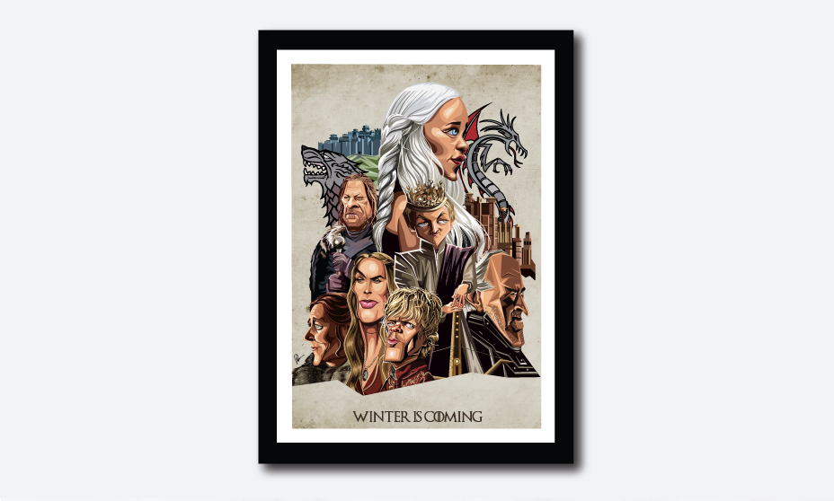 Framed Game of Thrones Poster. Caricature Art by Prasad Bhat showcasing all the lead characters in a detailed composition.
