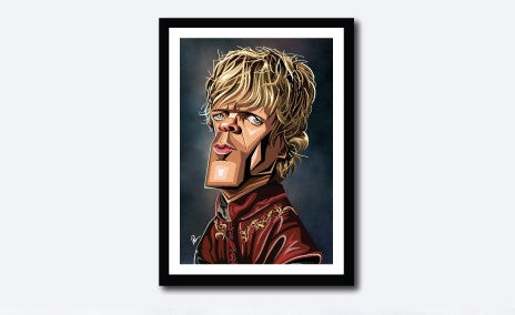 Framed Poster of TV Character Tyrion in caricature tribute art by Prasad Bhat. Image shows him standing sideways and looking to the front. He is in his royal attire and with his golden hair looking grim. 