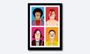 Framed Jack Black Poster by Prasad Bhat. Image shows four avatars of the actor in vibrant blocks. It has him dressed as Jimi Hendrix, Freddie mercury, David Bowie and himself!
