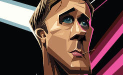 Ryan Gosling's angular view caricature drawn with sharp lines and angular gradient elements . Artwork by Prasad Bhat