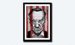 Framed Frank Underwood Poster portrayed by Kevin Spacey. Caricature Art Tribute by Prasad Bhat. Image shows him staring right on with his grim eyes and a bloody backdrop.