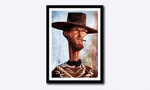 Clint Eastwood Framed Poster by Prasad Bhat. Image shows him in his iconic Cowboy attire looking far ahead with sharp eyes and a cigarette clenched between his teeth.