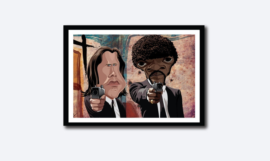 Framed visual of Pulp Fiction art by Prasad Bhat. Caricature Vector illustrative style shows Jules and Vincent pointing their guns out from the legendary scene from the movie.