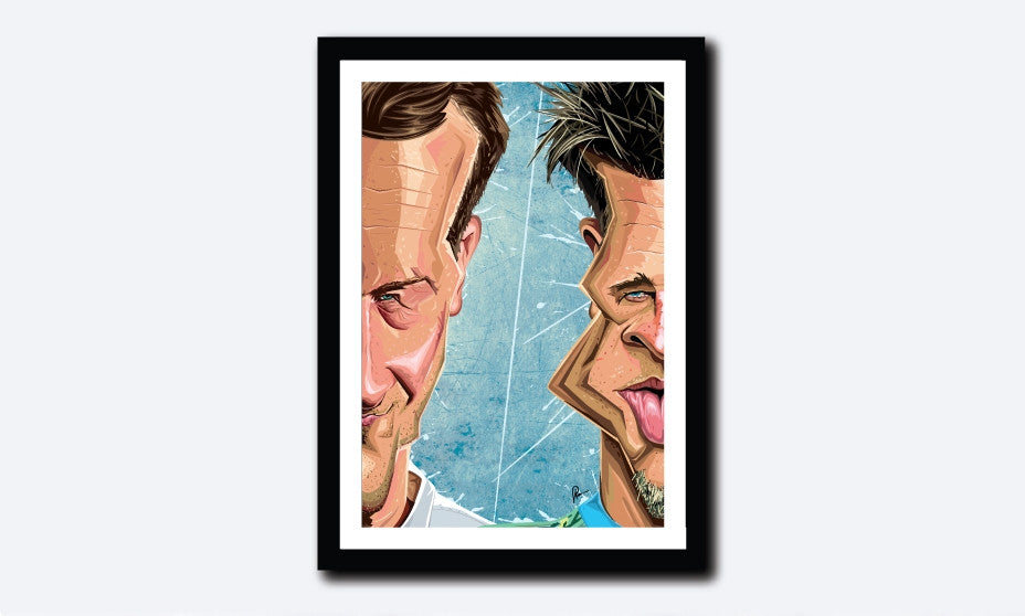 Framed Poster of Fight Club in caricature art by Prasad Bhat. Image shows half the face of both Brad Pitt and Edward Norton, in line with the core theme of the movie.