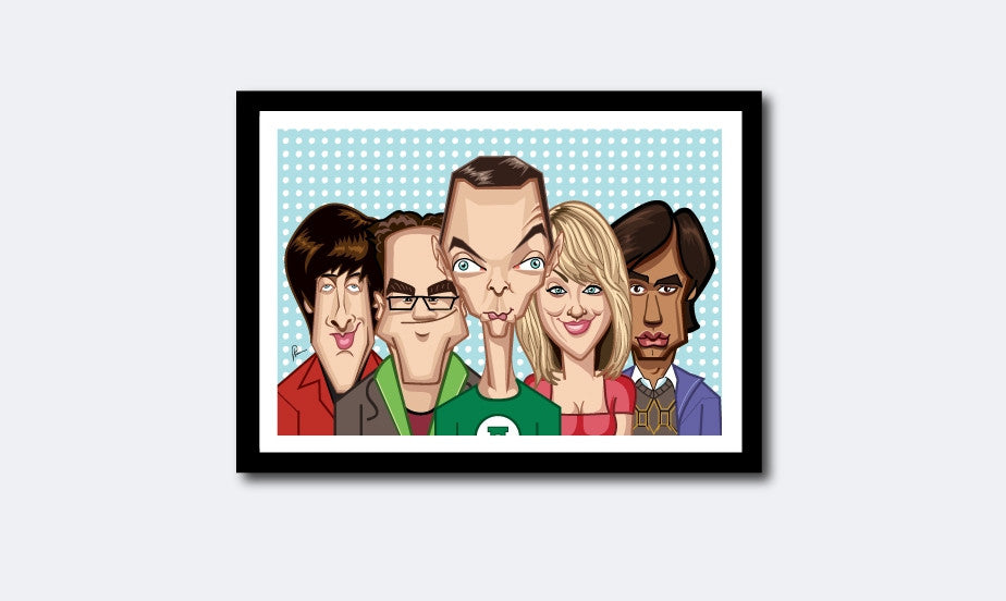 Framed visual of Big Bang Theory Tribute art by Prasad Bhat. Caricature Vector illustrative style showing all the five lead of the show.