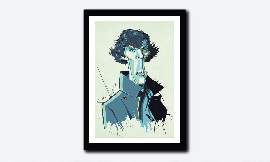 Framed poster of Sherlock Tribute artwork by Prasad Bhat. A slender pose of Sherlock looking into the front with his usual charming appeal and a grey trench coat.