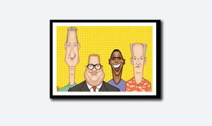Framed Caricature Art poster of Who's Line is it anyway? by Prasad Bhat. The four leads of the show look straight forward looking their goofy selves against a vibrant yellow backdrop.