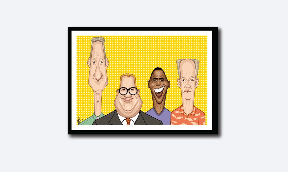 Framed Caricature Art poster of Who's Line is it anyway? by Prasad Bhat. The four leads of the show look straight forward looking their goofy selves against a vibrant yellow backdrop.