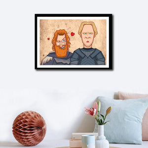 Wall decor of Game of Thrones Tribute Poster. Brienne and Tormund Love portrayed in caricature by artist Prasda Bhat of Graphicurry