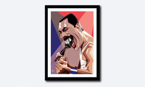 Framed poster of Freddie Tribute artwork by Prasad Bhat. A candid pose of Freddie singing away on his microphone.