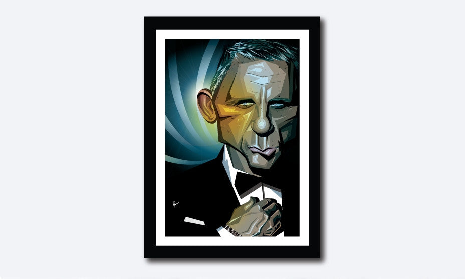 James Bond Poster showing framed stylized Caricature Portrait in Vector Illustration by Prasad Bhat. 