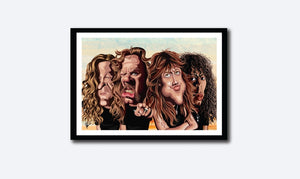 Framed Art Poster of the four members of Metallica Band. Caricature Art tribute by Prasad Bhat showing the four members standing in a group looking brutal with their open hair and eccentric expressions.