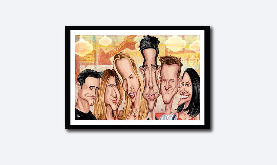 Friends Framed Poster. Caricature Art by Prasad Bhat showing the six friends looking candid in this colorful poster looking straight ahead.