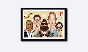 Framed Hangover Movie Poster. Fan art of Hangover by Prasad Bhat, a blend of hilarious and sinister comedy Starring Phil (Bradley), Stu (Ed), Doug (Justin), Alan (Zach) and The Chinese Guy. Image shows them looking straight ahead being their own peculiar goofy selves.