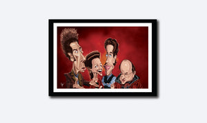 Framed visual of Seinfeld Tribute art by Prasad Bhat. Caricature Vector illustrative style showing all the four leads of the show.