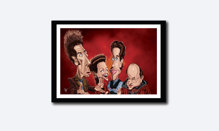 Framed visual of Seinfeld Tribute art by Prasad Bhat. Caricature Vector illustrative style showing all the four leads of the show.