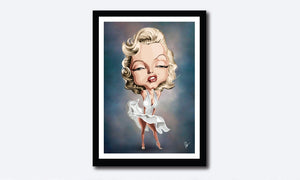 Framed Art Poster of Legendary pose by Marilyn Monroe with her flying skirt. Caricature art by Prasad Bhat.