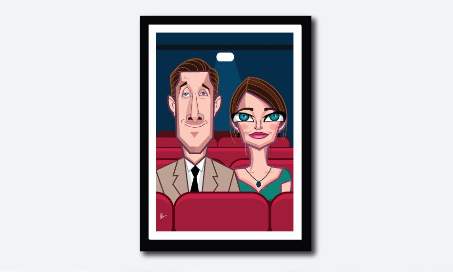 La La Land Framed Poster by Prasad Bhat. Vector Caricature Illustration of the Oscar winning cinema composition of LA LA Land. The image shows both the lead actors seated in a theatre in a warm moment.