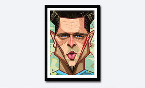 Framed Caricature Art of Brad Pitt with him staring to the front with his deep eyes. He has scar on his face that is bleeding. With subtle elements on the background and a blue tee, this piece is mesmerizing.