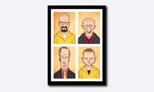 Framed Visual of Breaking Bad Poster. Tribute Fan Art in Caricature Style by Prasad Bhat. Image shows vertical block composition of the four lead characters of the show.