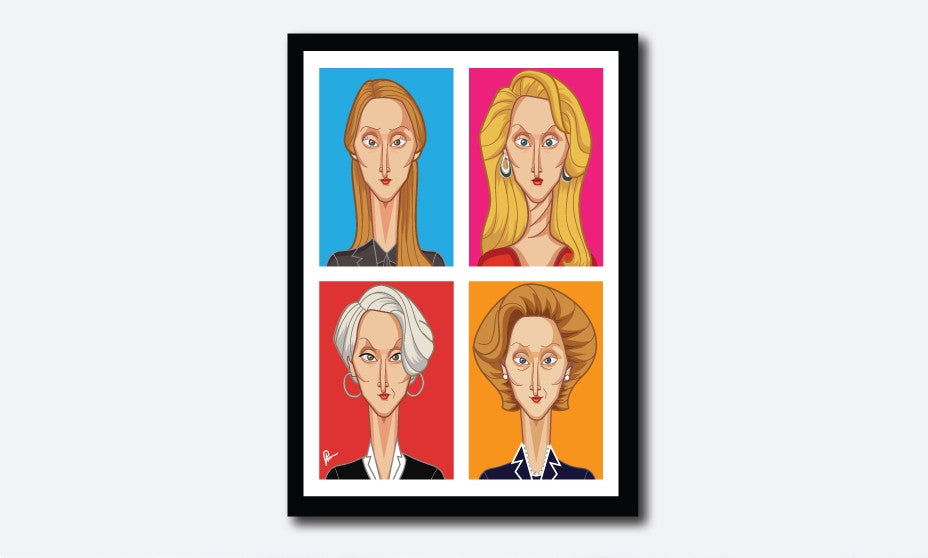 Meryl Streep Framed Poster. Caricature art by Prasad Bhat. Image shows frame of the artwork with a vibrant colored composition. It shows Meryl in her four avatars from different movies.