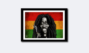 Bob Marley Framed Poster Art by Prasad Bhat. Image shows Marley smiling away with his favorite substance of choice against the famous tricolor band of red, yellow and green.