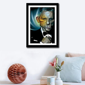 Framed Poster of James Bond Vector Caricature on a wall decor. Art shows James straightening his shirt in his usual charismatic pouty smile.